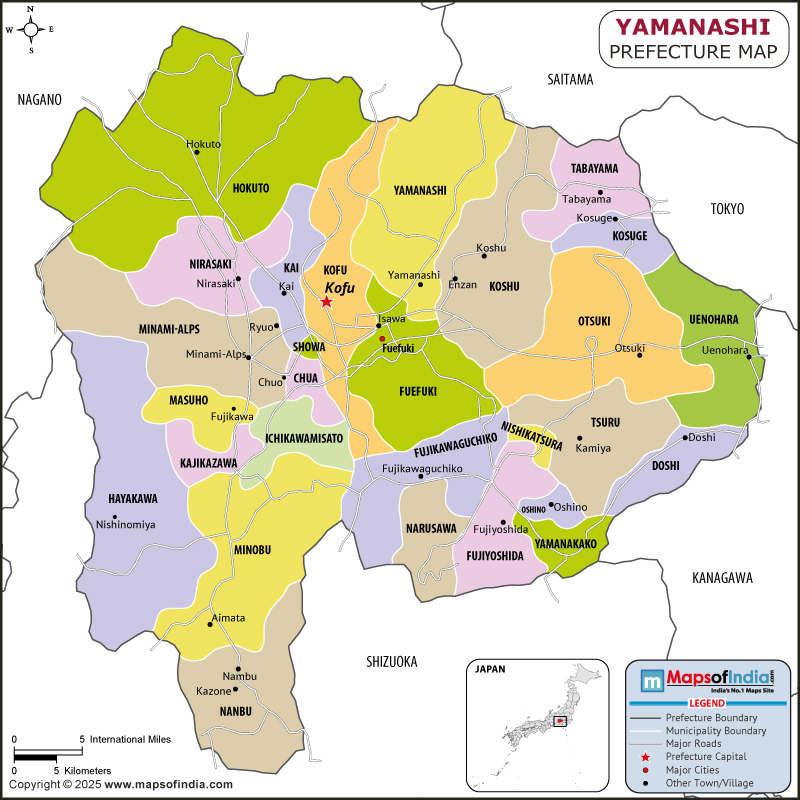 Yamanashi map showing location, boundaries, major cities and geographical features of the Republic of Yamanashi in Japan