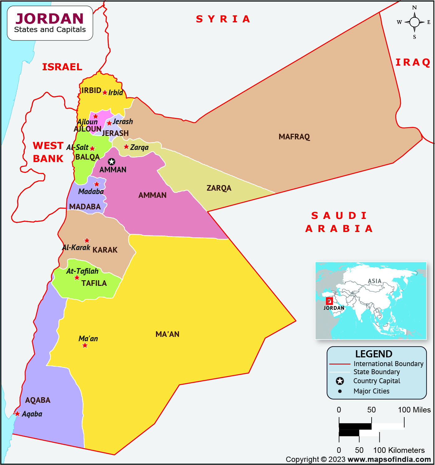 Jordan Governorates  and Capital Map
