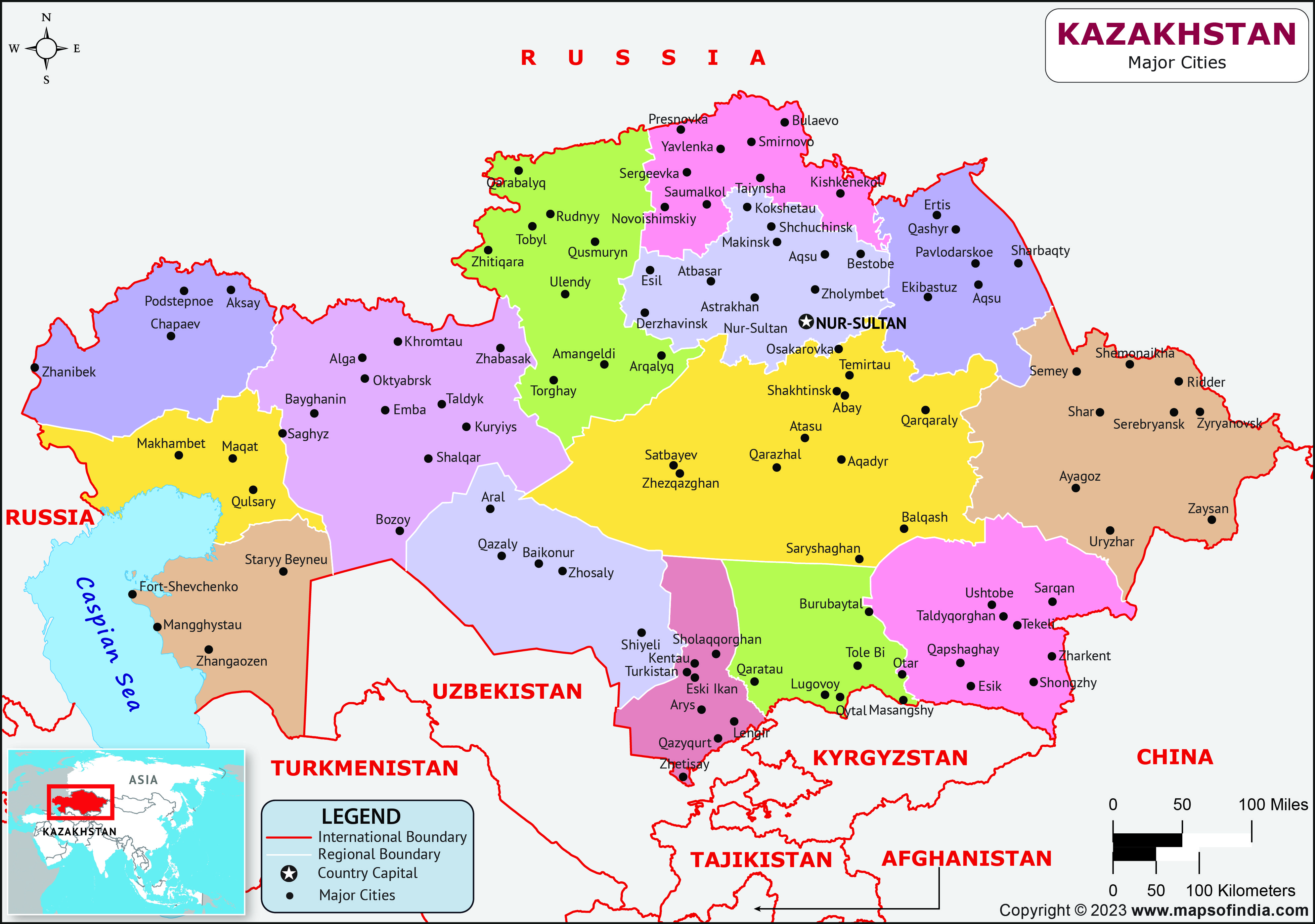Kazakhstan Major Cities Map