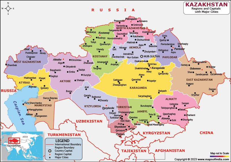Kazakhstan Regions and Capital Map