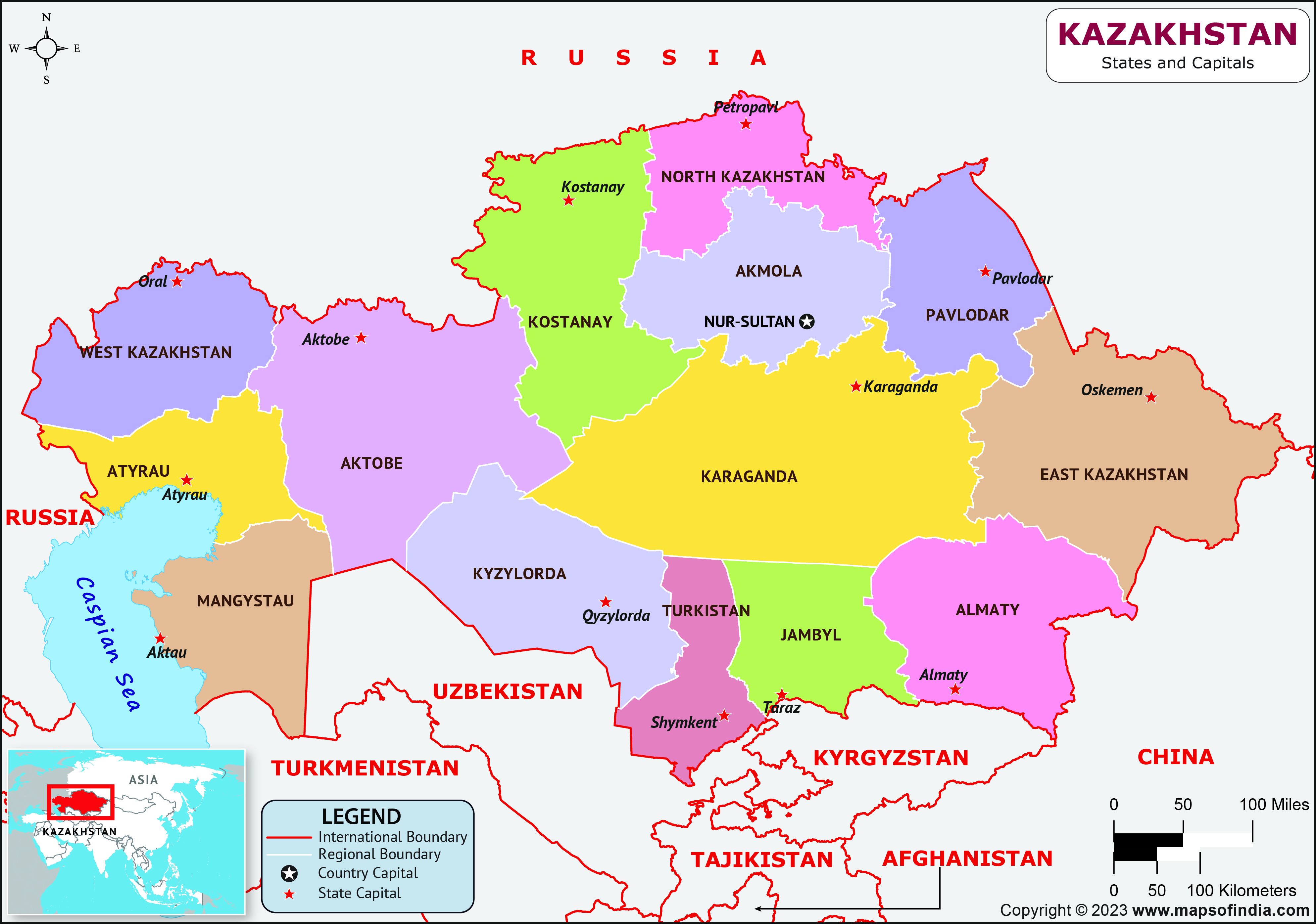 kazakhstan Regions  and Capital Map