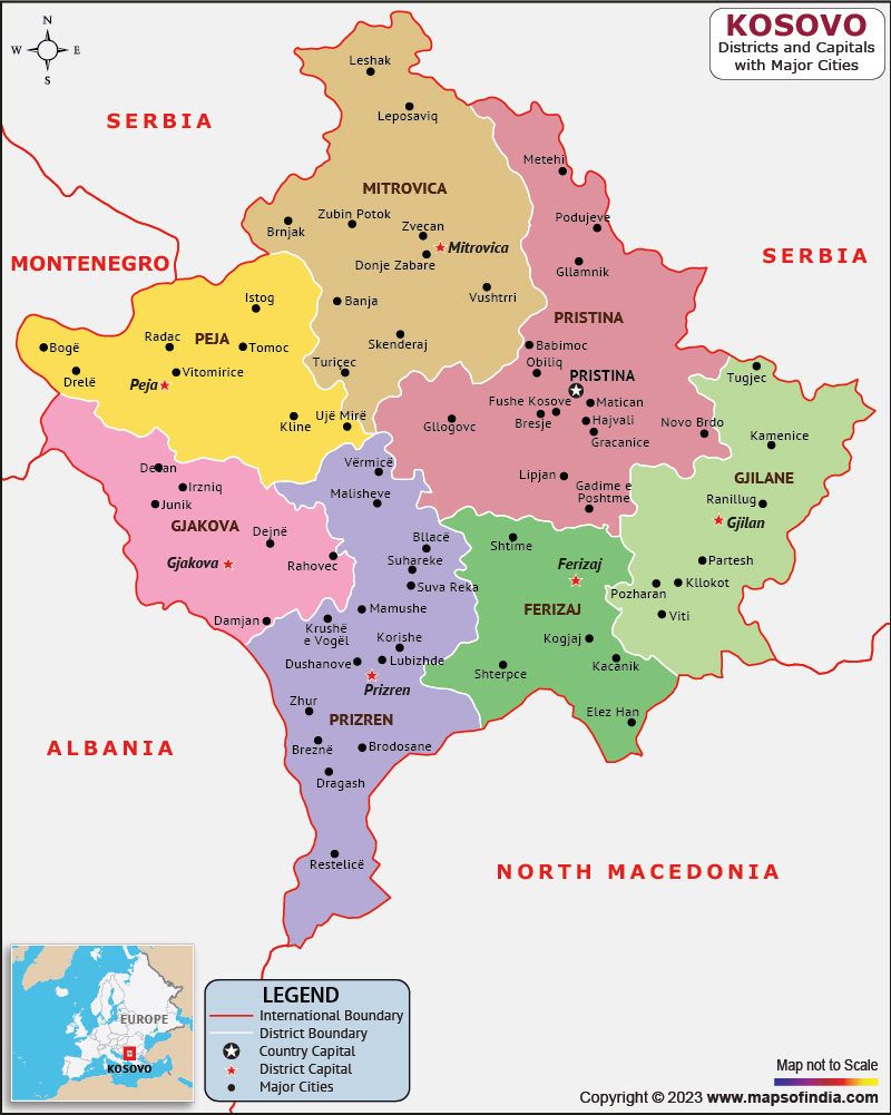 Kosovo Districts and Capital Map
