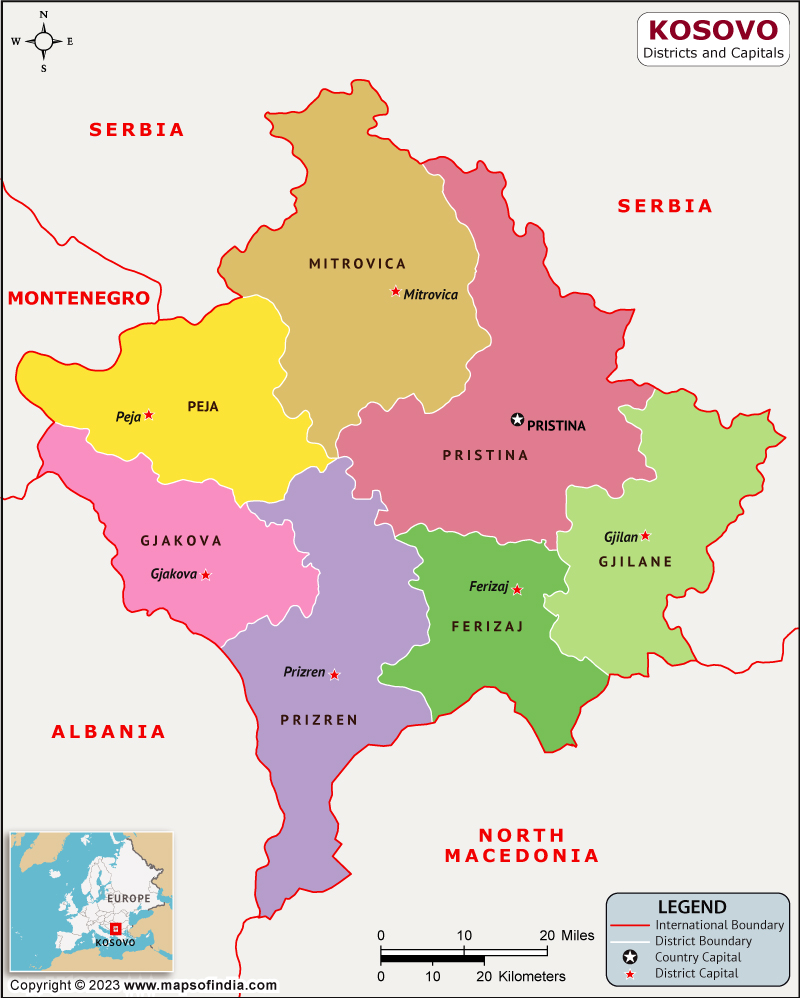 Kosovo Districts  and Capital Map