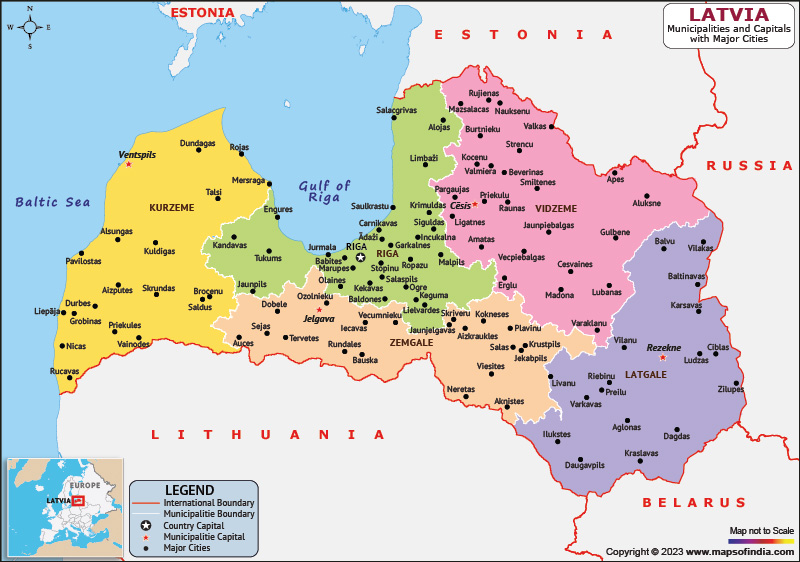Latvia Municipalities and Capital Map