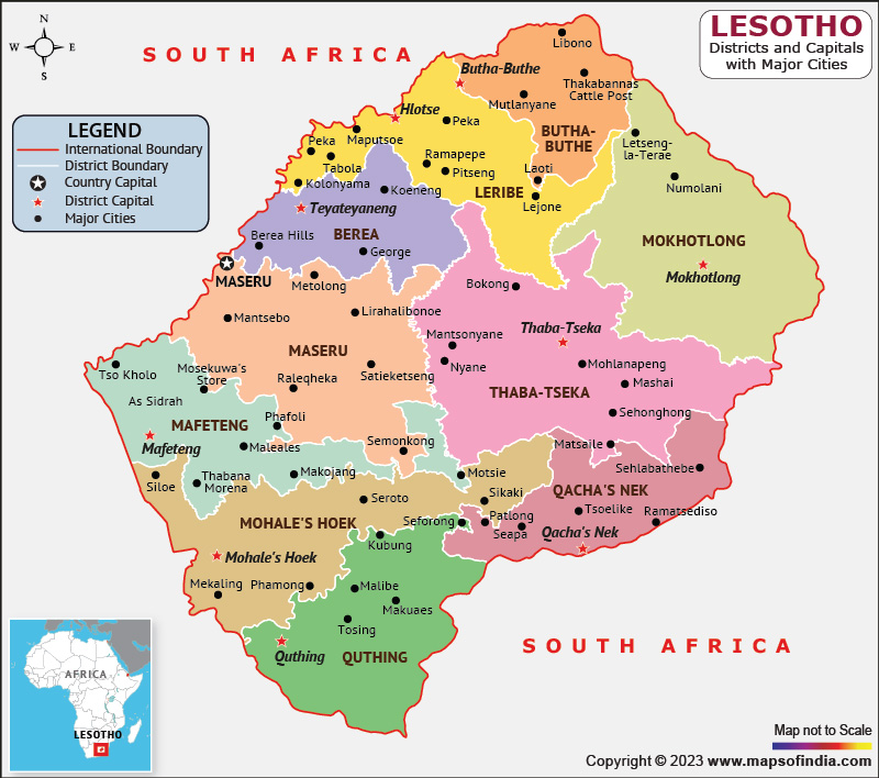 Lesotho Districts and Capital Map
