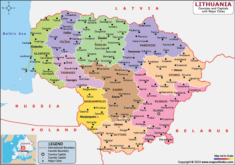 Lithuania Counties  and Capital Map