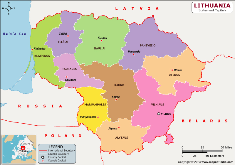 Lithuania Counties  and Capital Map
