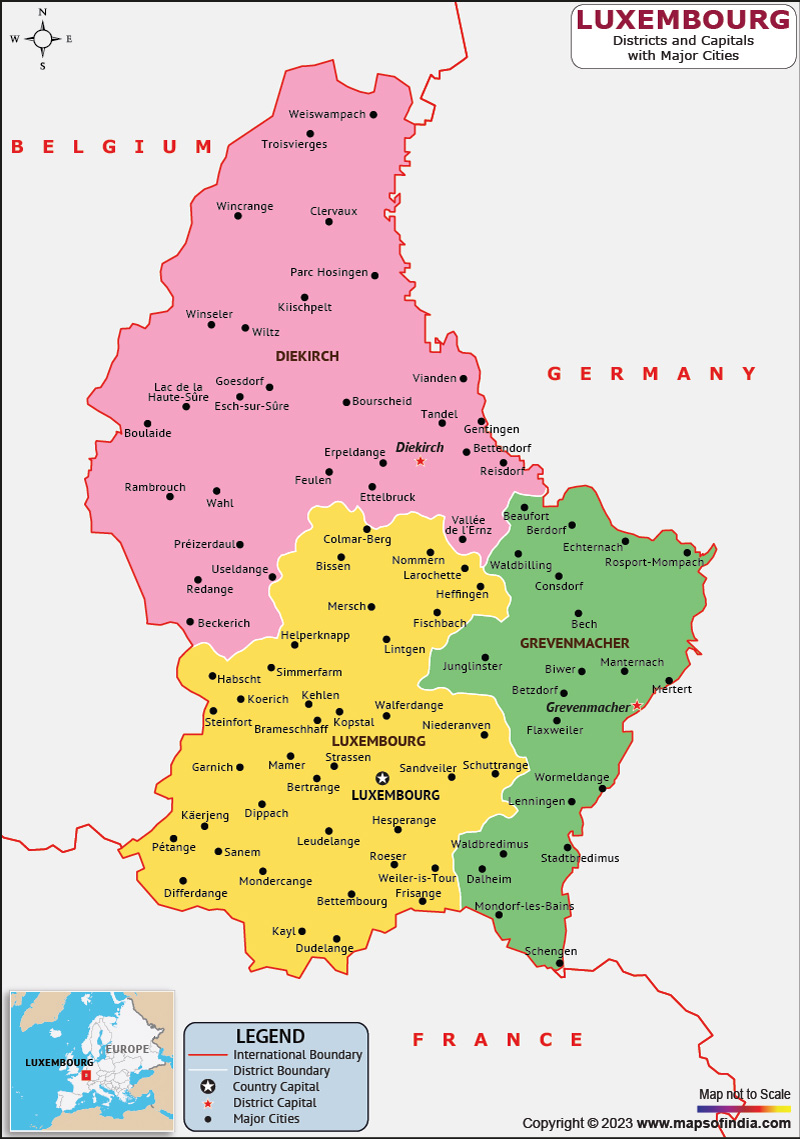Luxembourg Districts and Capital Map