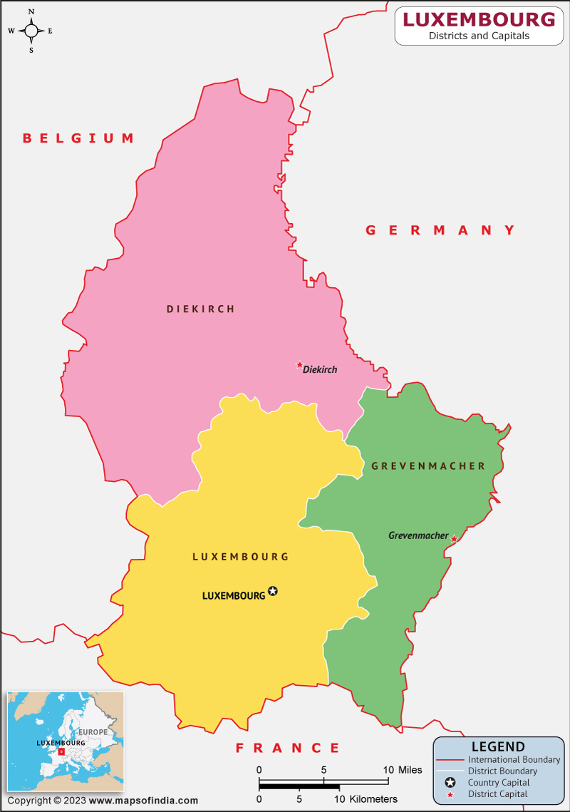 Luxembourg Districts  and Capital Map