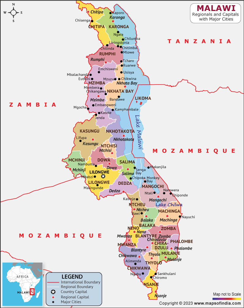 Malawi Regions and Capital Map