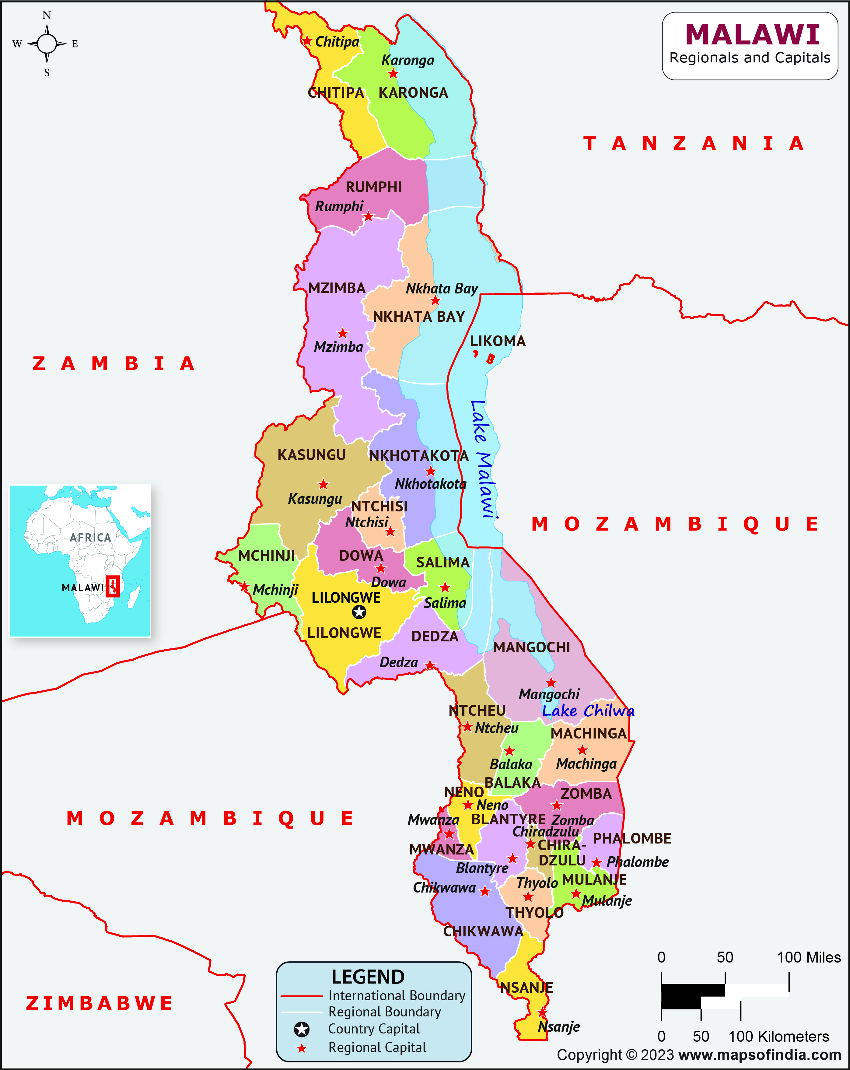 Malawi Regions  and Capital Map