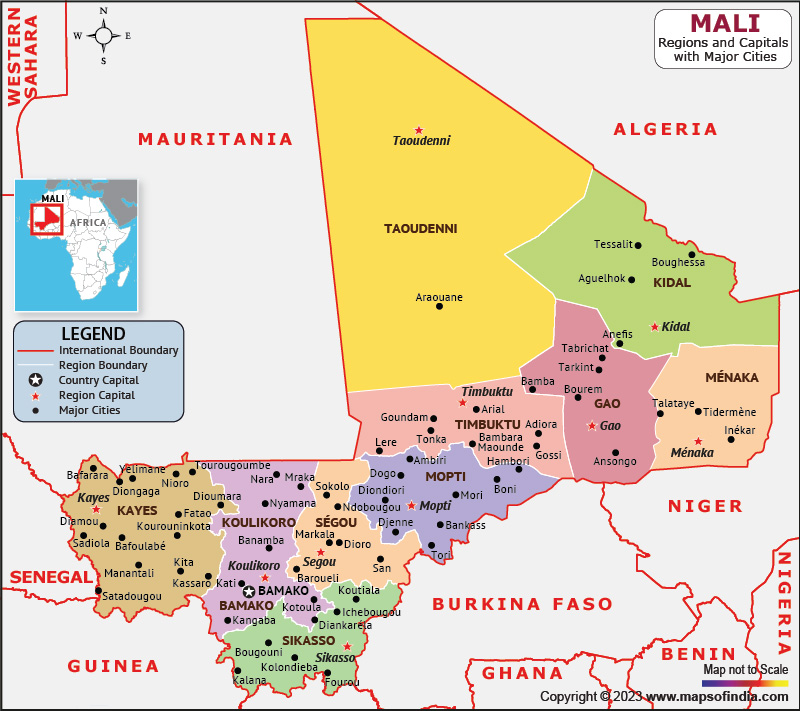 Mali Regions and Capital Map