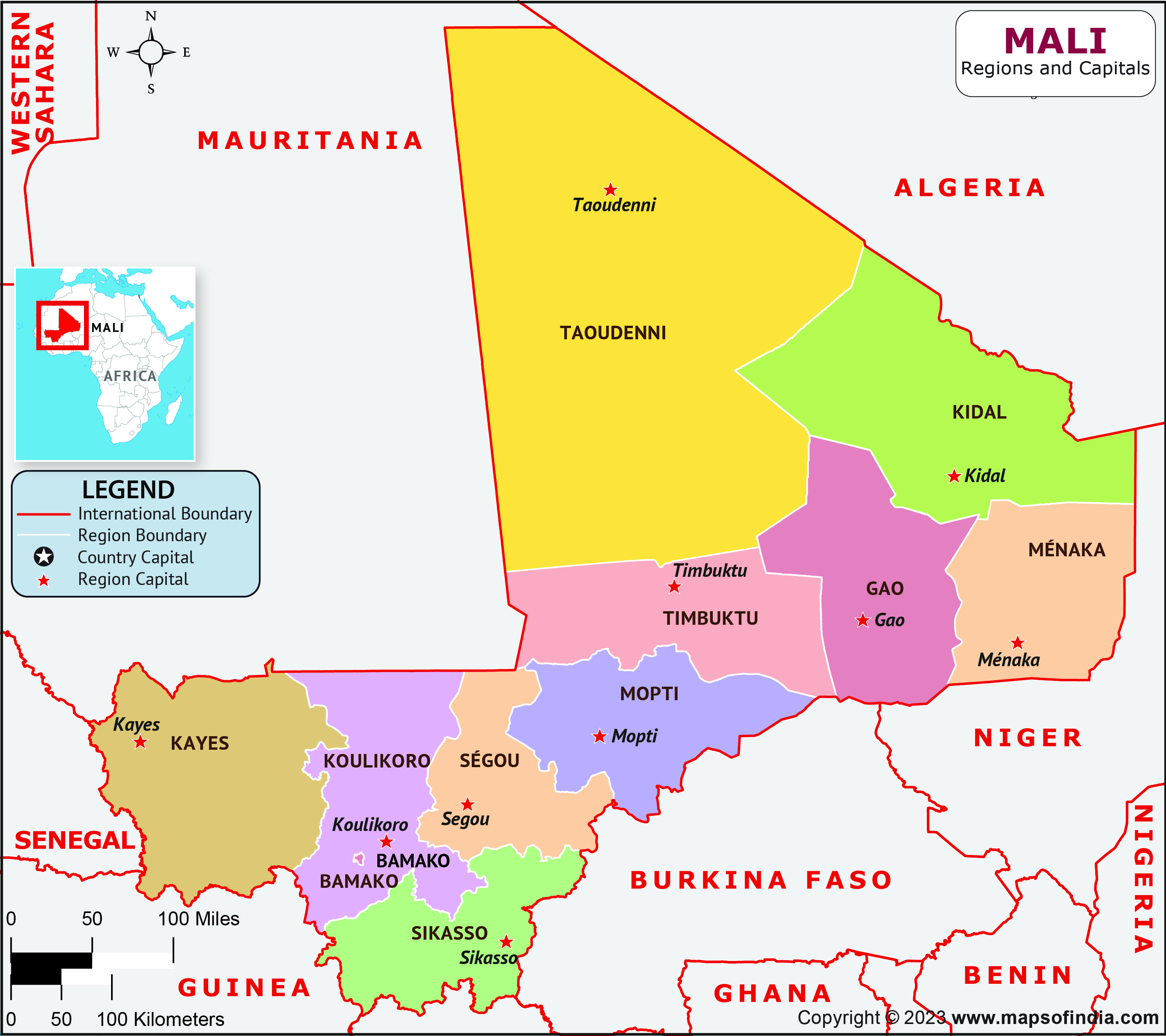 Mali Districts  and Capital Map