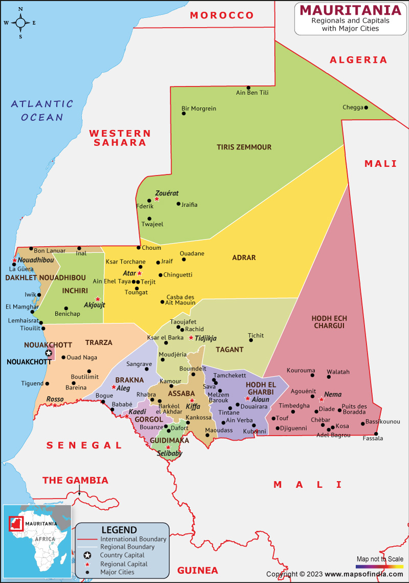 Mauritania Regions and Capital Map