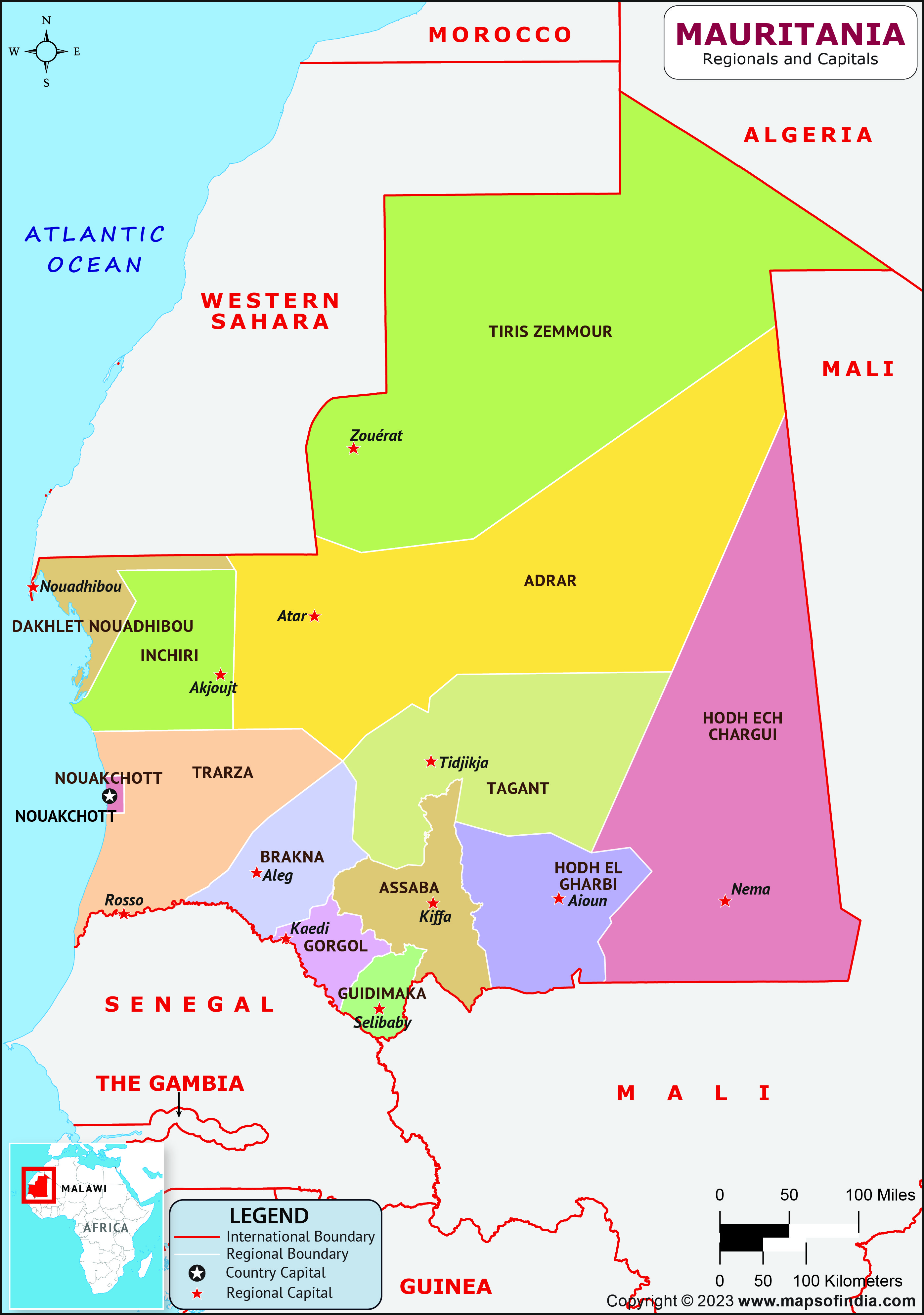 Mauritania Districts  and Capital Map