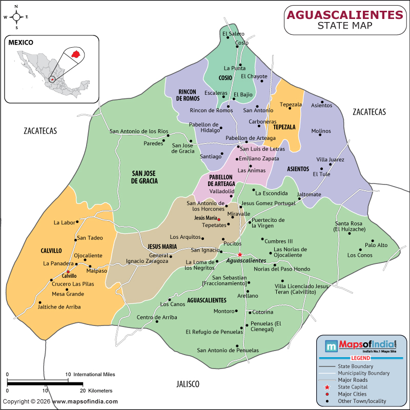 Aguascalientes Map | Location and Geography of Aguascalientes Mexico Aguascalientes map showing location, boundaries, major cities and geographical features of the Republic of Aguascalientes in Mexico