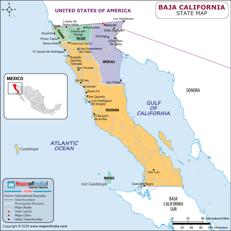 Baja California Map | Location and Geography of Baja California Mexico Baja California map showing location, boundaries, major cities and geographical features of the Republic of Baja California in Mexico
