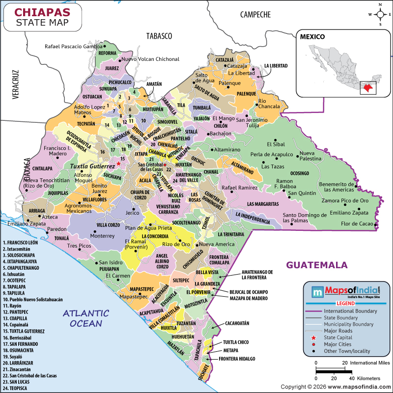Chiapas map showing location, boundaries, major cities and geographical features of the Republic of Chiapas in Mexico