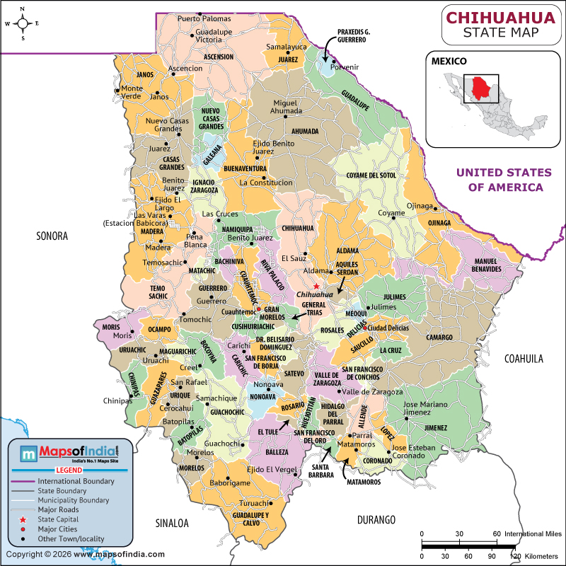 Chihuahua map showing location, boundaries, major cities and geographical features of the Republic of Chihuahua in Mexico