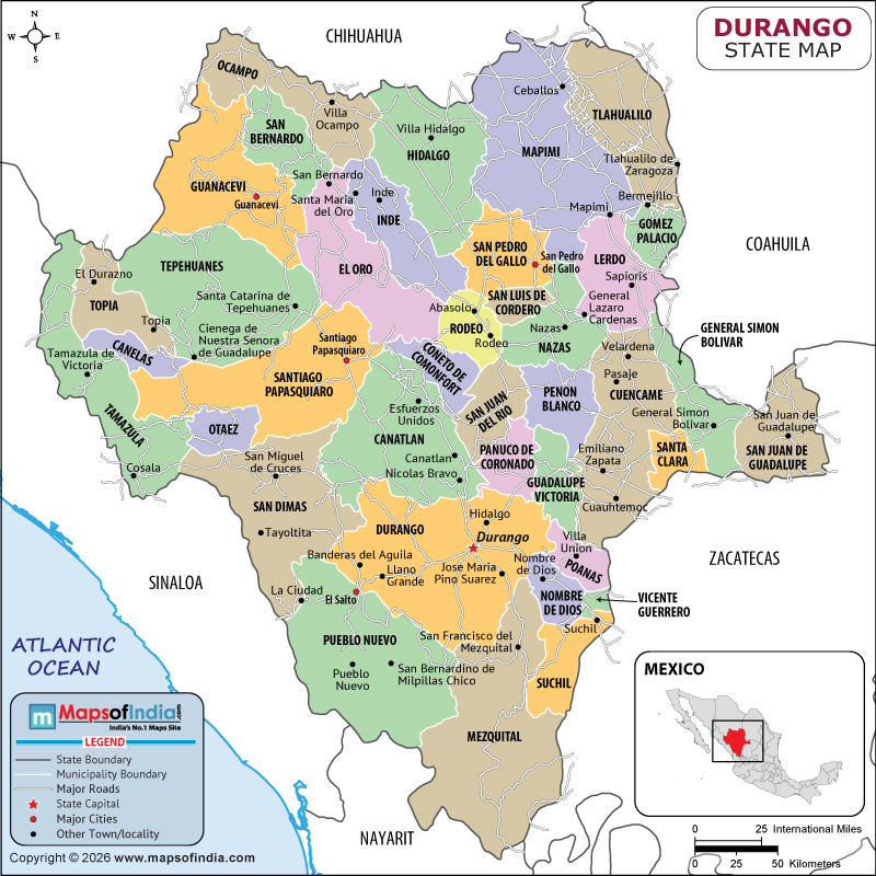 Durango map showing location, boundaries, major cities and geographical features of the Republic of Durango in Mexico