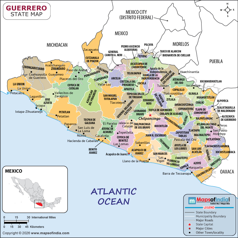 Guerrero Map | Location and Geography of Guerrero Mexico Guerrero map showing location, boundaries, major cities and geographical features of the Republic of Guerrero in Mexico