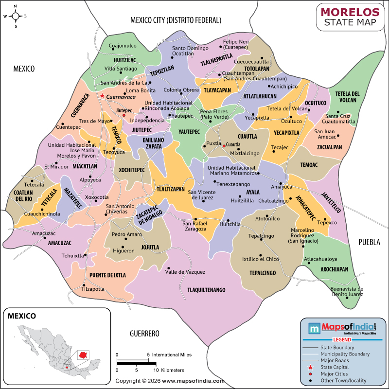 Morelos map showing location, boundaries, major cities and geographical features of the Republic of Morelos in Mexico