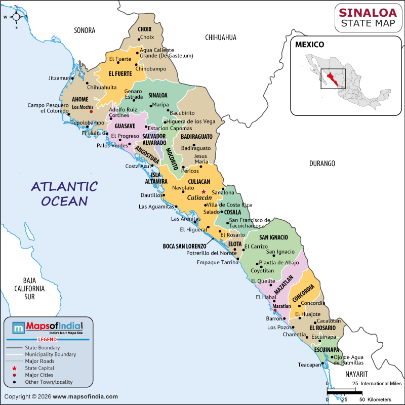 Sinaloa Map | Location and Geography of Sinaloa Mexico Sinaloa map showing location, boundaries, major cities and geographical features of the Republic of Sinaloa in Mexico