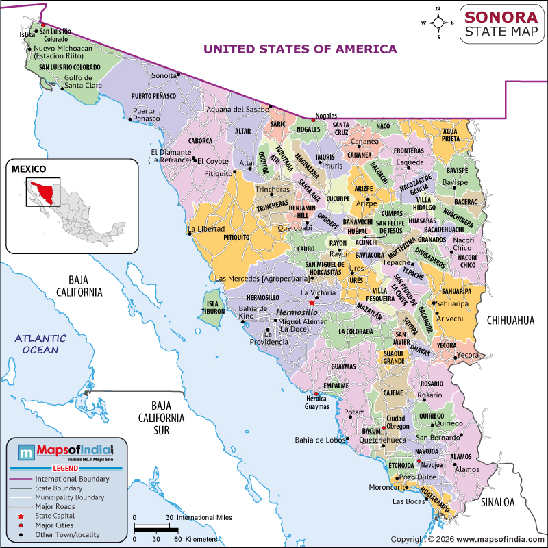 Sonora map showing location, boundaries, major cities and geographical features of the Republic of Sonora in Mexico