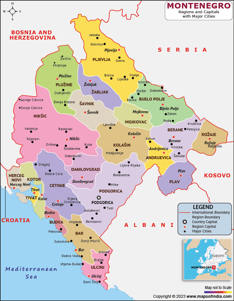 Montenegro Regions and Capital Map