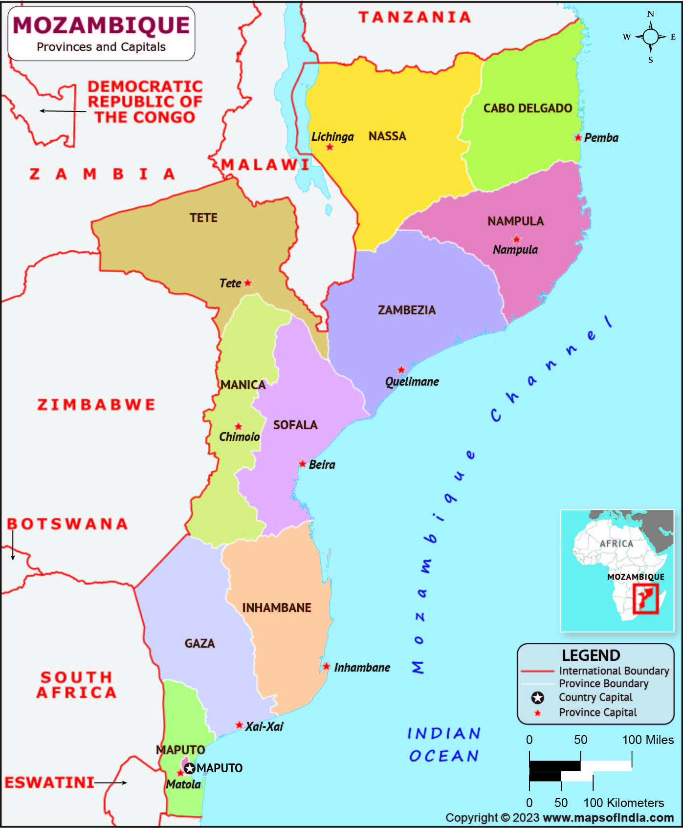 Mozambique Provinces and Capital Map