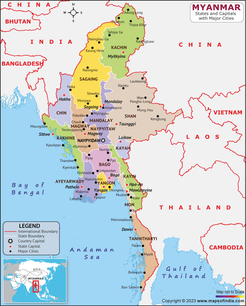 Myanmar States and Capital Map