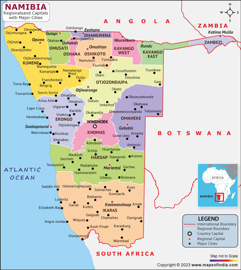 Namibia Regions and Capital Map