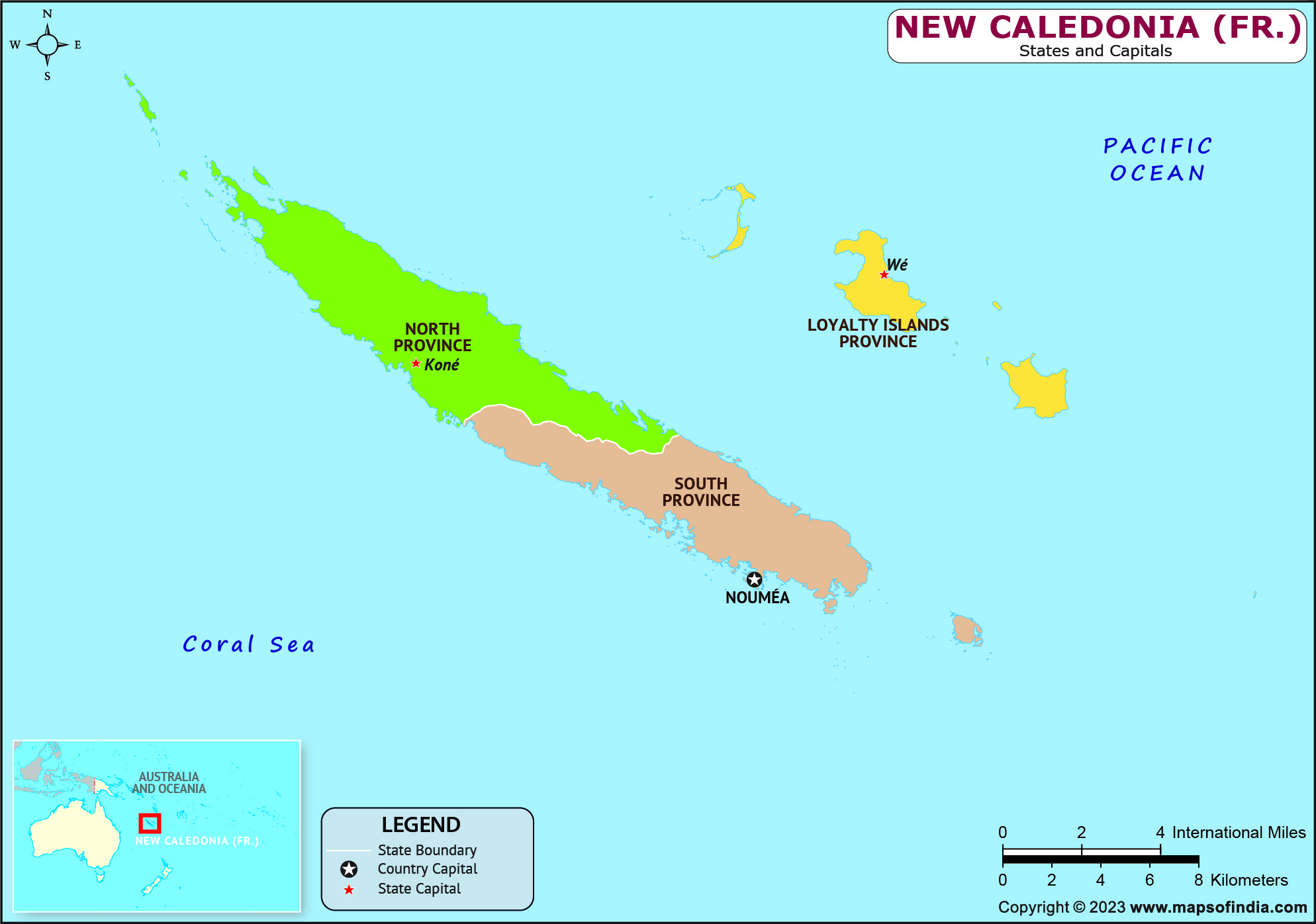 New Caledonia Provinces  and Capital Map