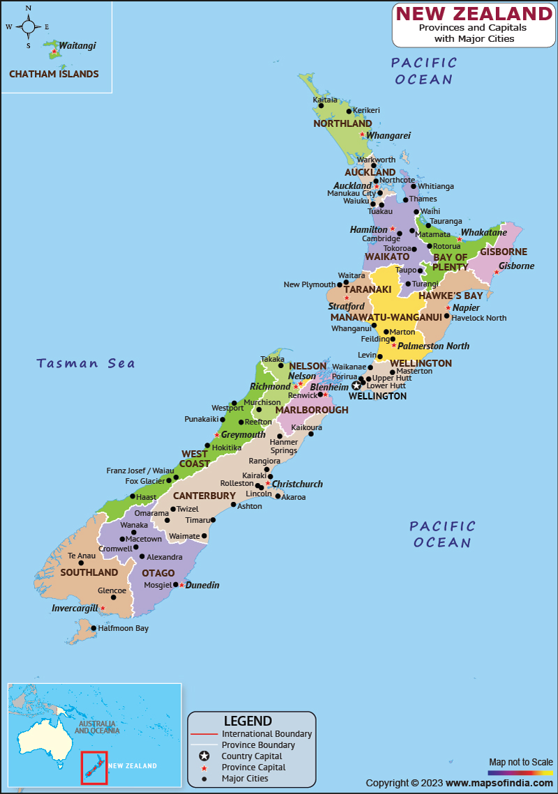 New Zealand Provinces and Capital Map