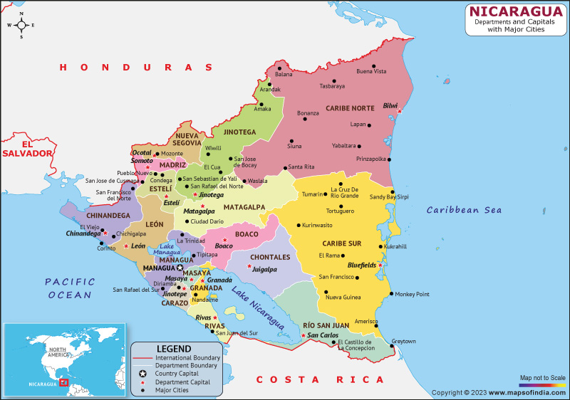 Nicaragua departments and Capital Map