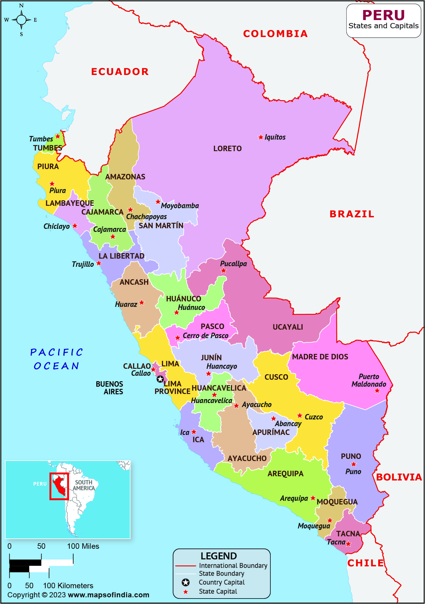 Peru Departments  and Capital Map