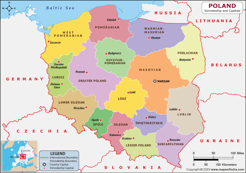 Poland Voivodeships  and Capital Map