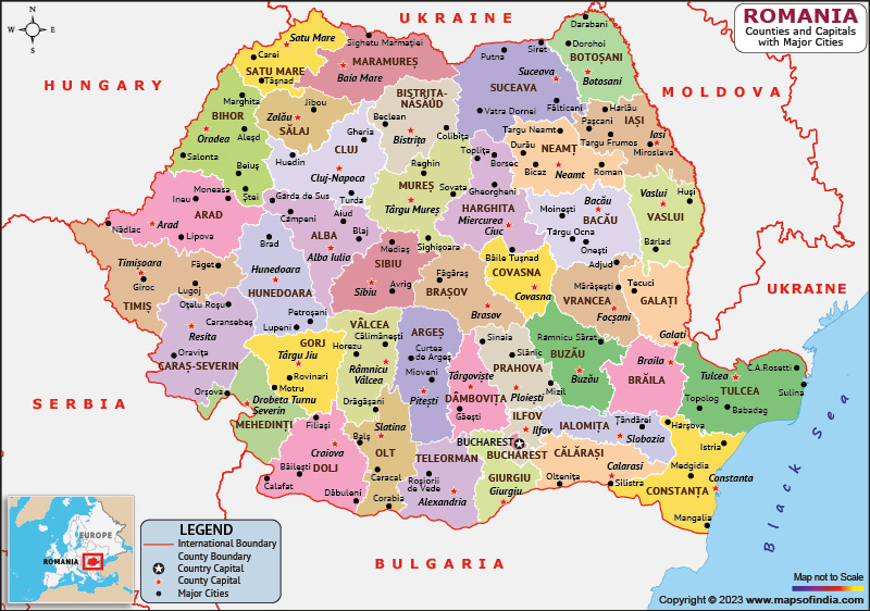 Romania Counties and Capital Map