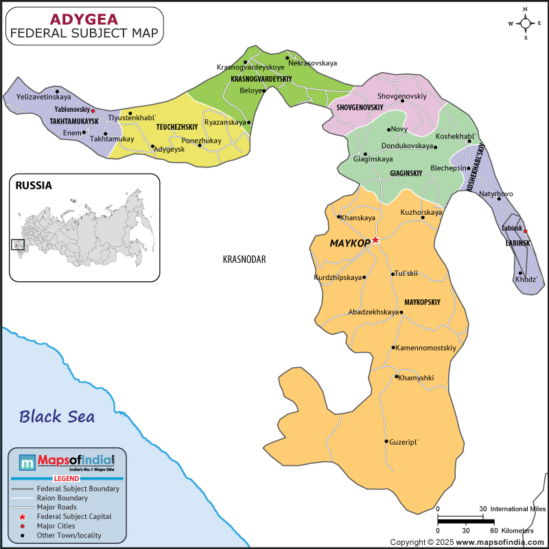 Adygea map showing location, boundaries, major cities and geographical features of the Republic of Adygea in Russia
