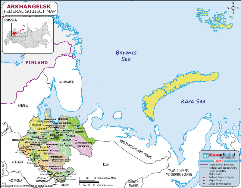 Arkhangelsk map showing location in Russia with cities, rivers, and boundaries
