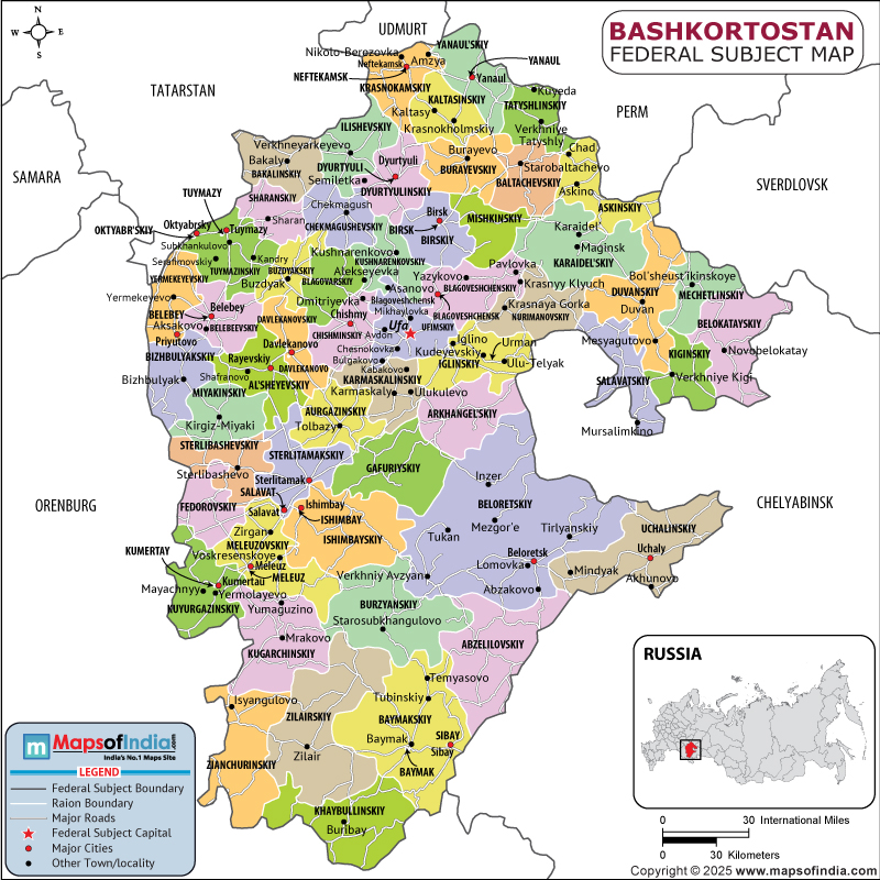 Detailed Bashkortostan map showing location, geography, cities, districts and boundaries in Russia