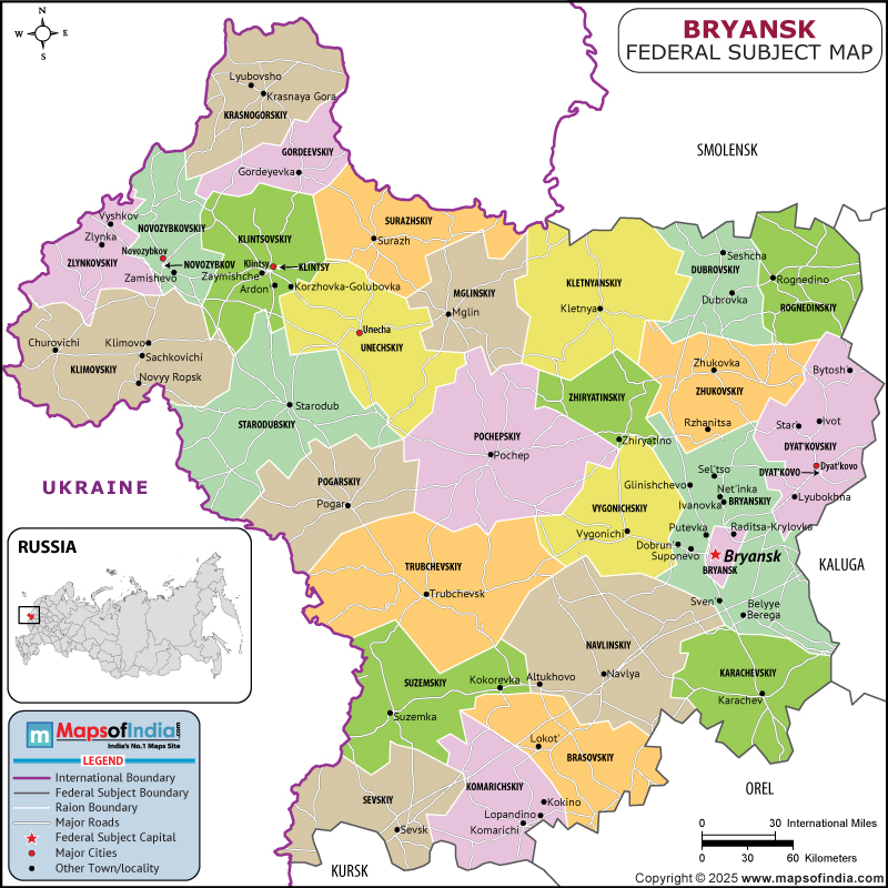 Bryansk map showing location, boundaries, major cities and geographical features of the Republic of Bryansk in Russia