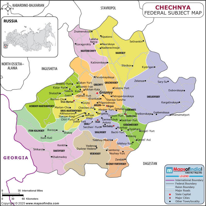 Chechnya map showing location, boundaries, major cities and geographical features of the Republic of Chechnya in Russia