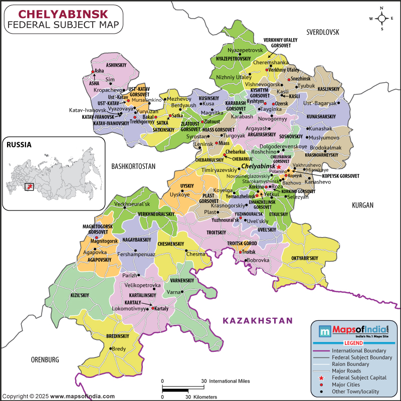 Chelyabinsk map showing location, boundaries, major cities and geographical features of the Republic of Chelyabinsk in Russia