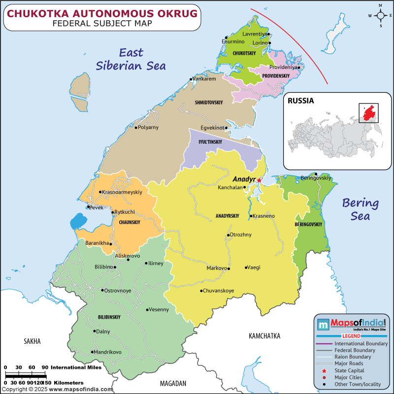 Chukotka Autonomous Okrug map showing location, boundaries, major cities and geographical features of the Republic of Chukotka Autonomous Okrug in Russia