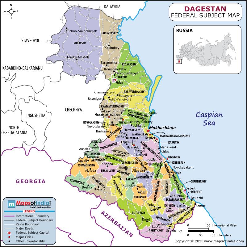 Dagestan map showing location, boundaries, major cities and geographical features of the Republic of Dagestan in Russia