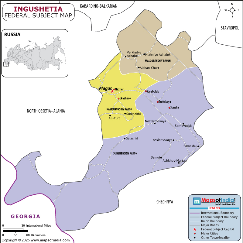 Ingushetia map showing location, boundaries, major cities and geographical features of the Republic of Ingushetia in Russia