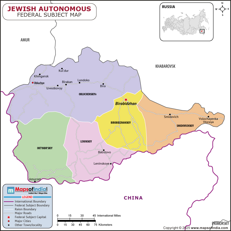 Jewish Autonomous Oblast map showing location, boundaries, major cities and geographical features of the Republic of Jewish Autonomous Oblast in Russia
