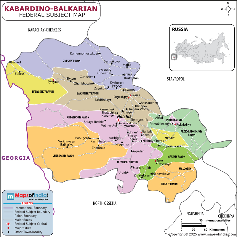 Kabardino-Balkar map showing location, boundaries, major cities and geographical features of the Republic of Kabardino-Balkar in Russia