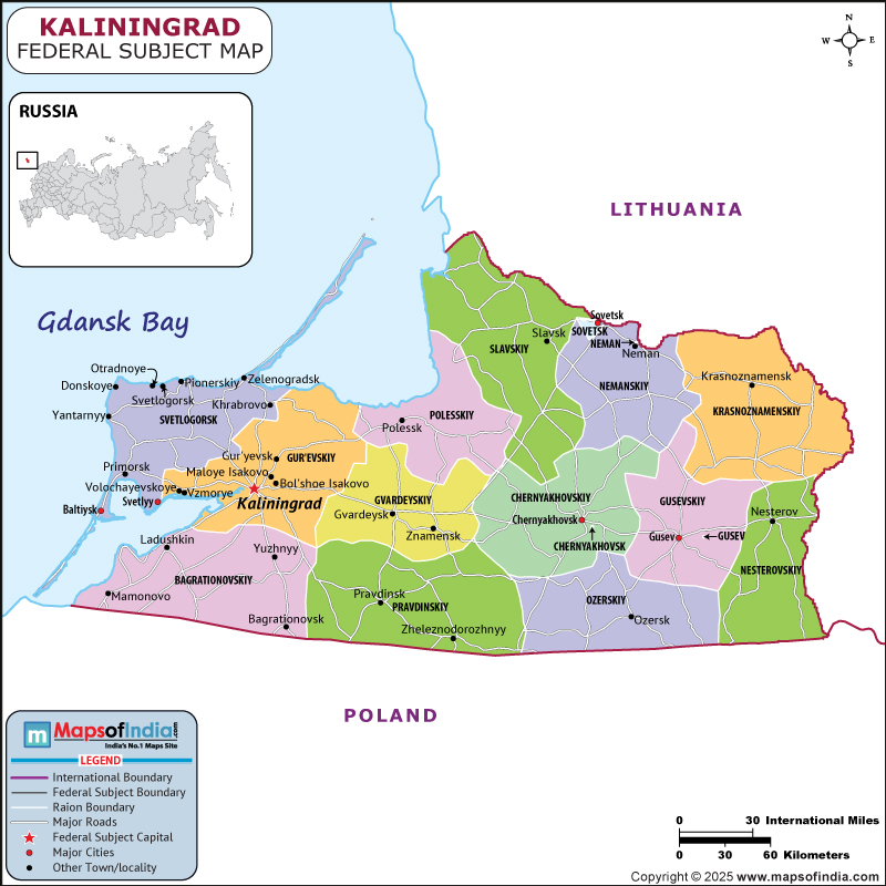 Kaliningrad map showing location, boundaries, major cities and geographical features of the Republic of Kaliningrad in Russia